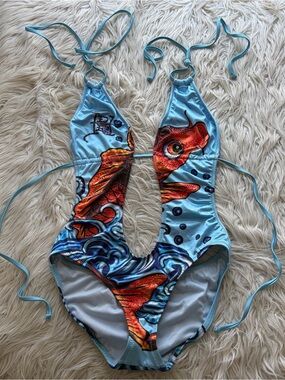 Rare Y2K Vintage Ed Hardy Koi Fish Monokini One Piece Swimsuit Rhinestone Size S